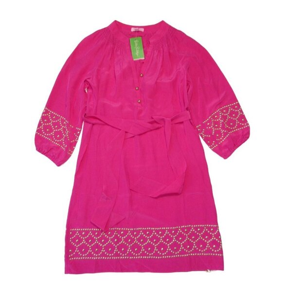 NWT Lilly Pulitzer Perla in Orchid Pink Studded Belted Tie Waist Silk Dress S